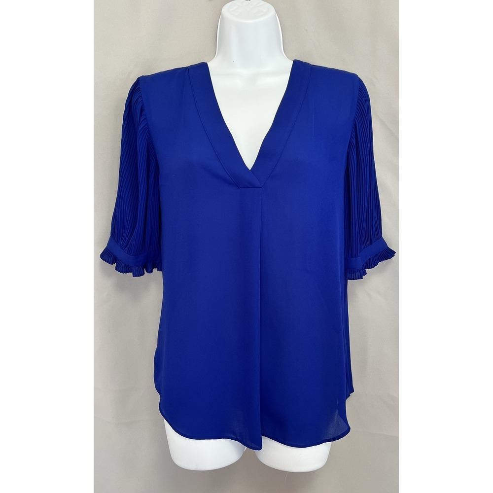 Ralph Lauren Blouse Womens Medium V Neck Pleated Puff Sleeve Career Classic Blue